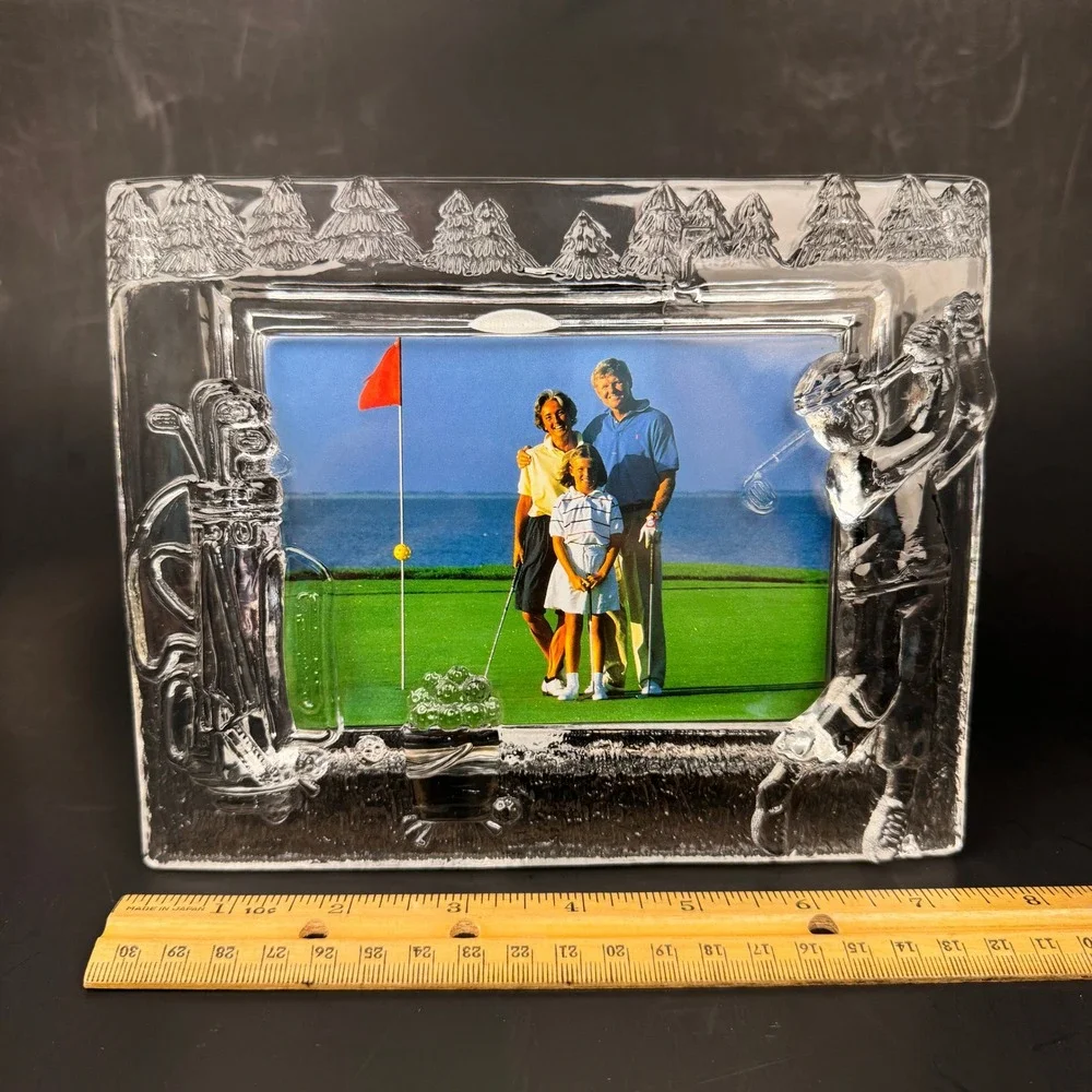 Vtg Lead Crystal Golf Picture Frame Clear Glass Tabletop Horizontal 3D‎ Orig Box